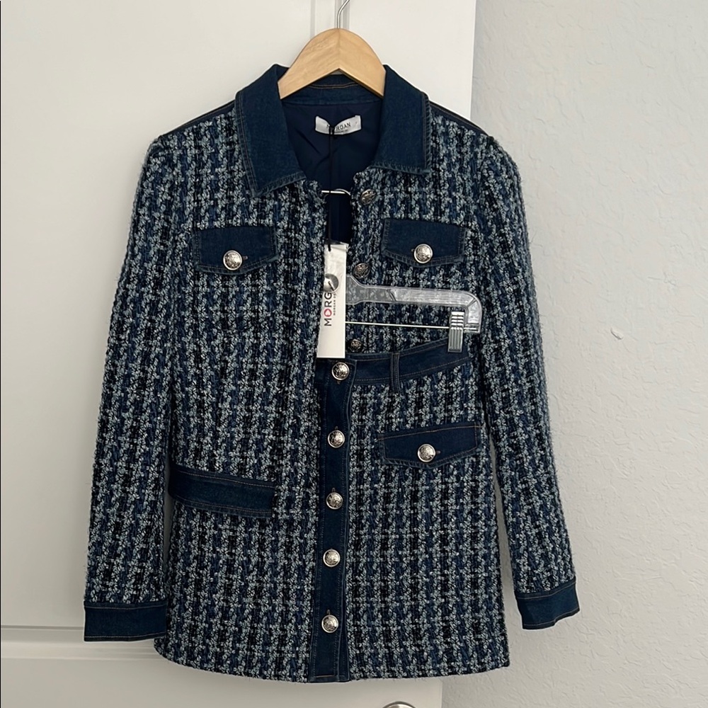 Morgan de Toi Navy and Light Blue Tweed Button-Front Jacket